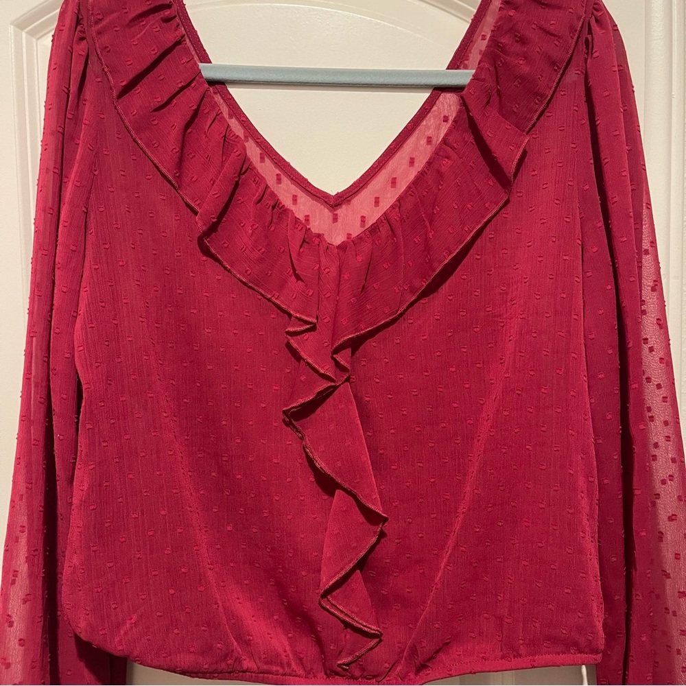 by & by Deep Red Ruffle V-Neck Blouse - Picture 5 of 6